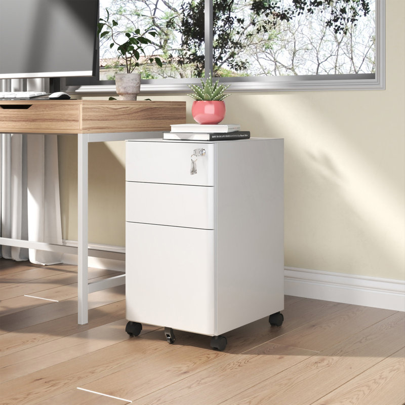 Classeur mobile à 3 tiroirs avec serrure, chariot de rangement roulant entièrement en acier avec conception anti-basculement, armoire de bureau / maison entièrement assemblée en blanc