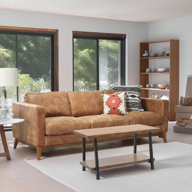 Table basse 39 "en bois rustique - Noyer massif avec tablette inférieure
