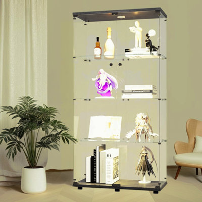 Black 4-shelf Lighted Glass Display Cabinet - 62.71h X 32.56l 14.74w, Lights With 12 Color Settings By Remote Control, 5mm Tempered & Solid Wood, Safe