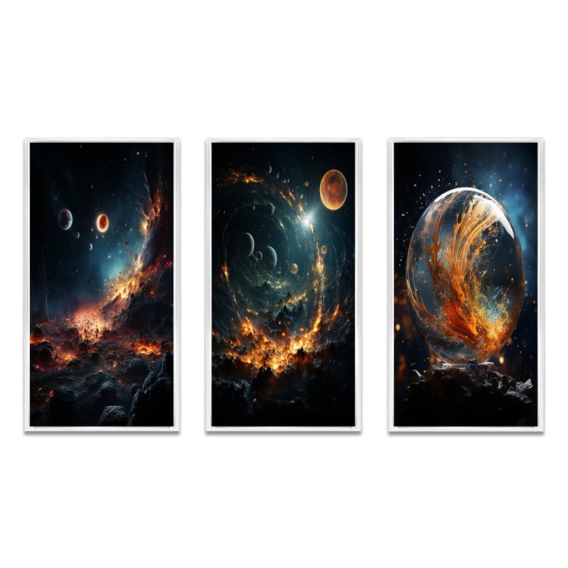 «Galaxies Planets», 3 pièces sur toile, H 20 po x l 36 po, Cadre blanc