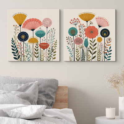 Colorful Folk Floral Garden With Retro Blooms And Whimsical Charm Framed Canvas Master Bedroom Wall Art Work 2 Pieces Print Set