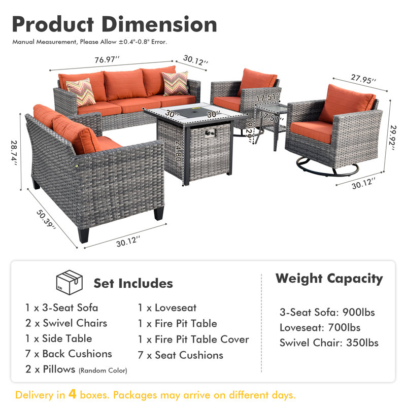 Ensemble de conversation pour patio en osier / rotin 7 personnes avec coussins Harbin, Orange / rouge