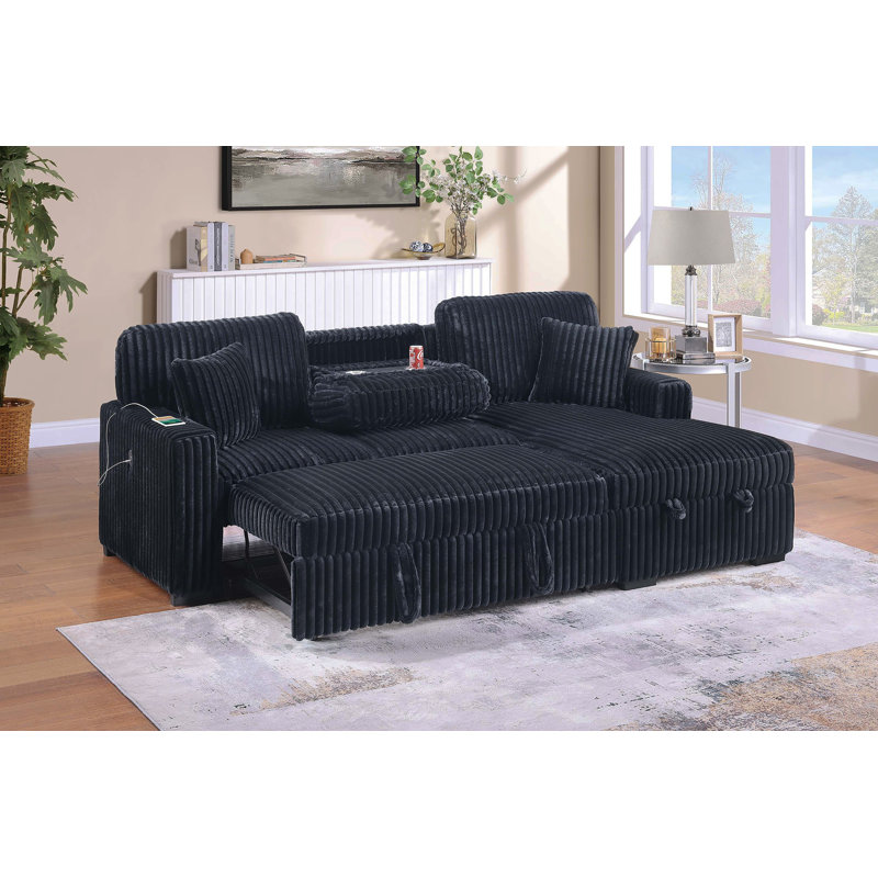 Modern Style 2Pc Convertible Sectional Pull Out Sofa Fold Down Table Cup Holder USB Port Storage Chaise Matching Pillow Black Finish Primary Living Room
