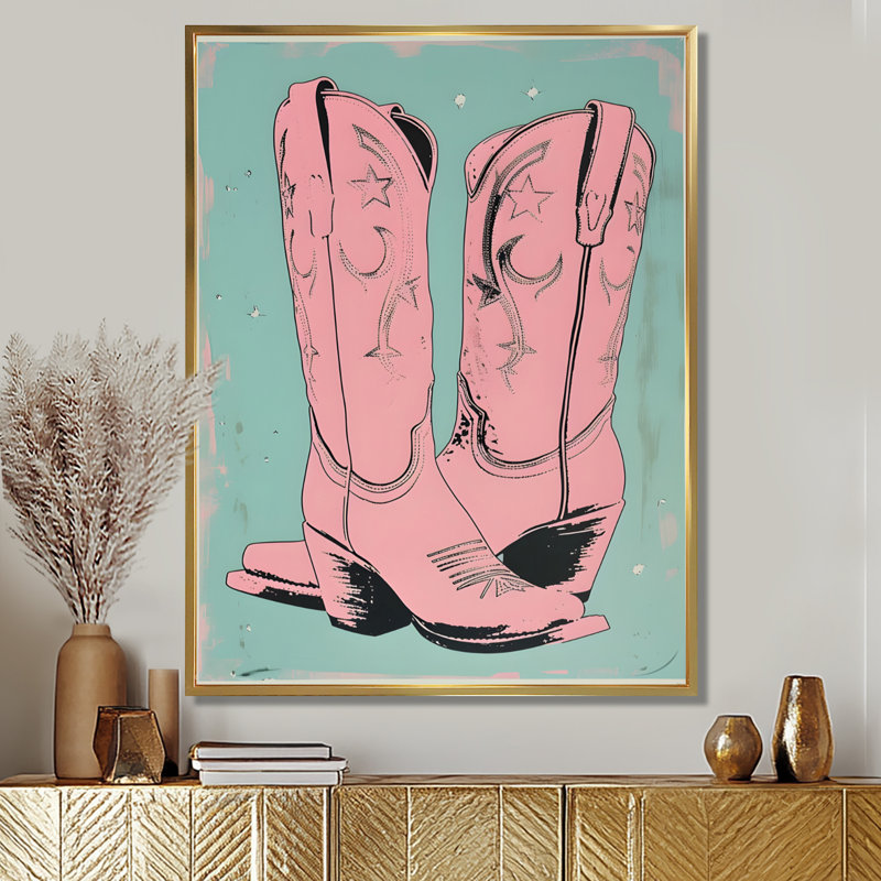 Illustration de bottes de cow-boy roses - impression d'art mural, Toile avec cadre flottant or, H 32 po x l 16 po x P 1 po