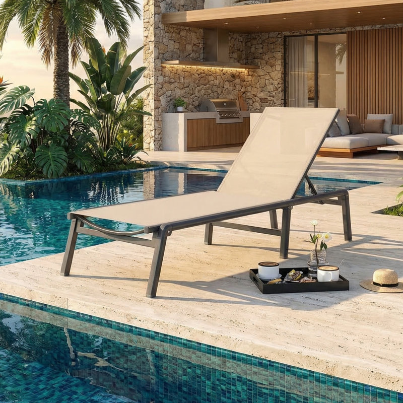 Chaise longue pliante en aluminium 1 pièce avec dossier réglable à 5 positions Ajoku, Beige