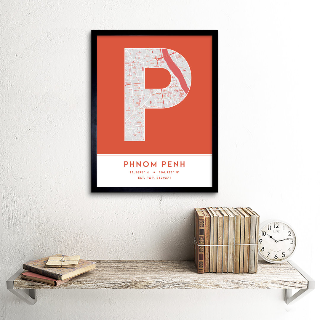 Phnom Penh Cambodia City Map Orange Colour Block Modern Typography Stylish Letter Framed Word Wall Art Print Poster