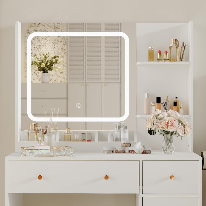 Bureau de coiffeuse avec miroir et lumières DEL, prise de courant, ensemble de coiffeuse avec tiroirs de rangement, armoire et chaise, 3 modes d'éclairage et luminosité réglable, coiffeuse pour chambre à coucher
