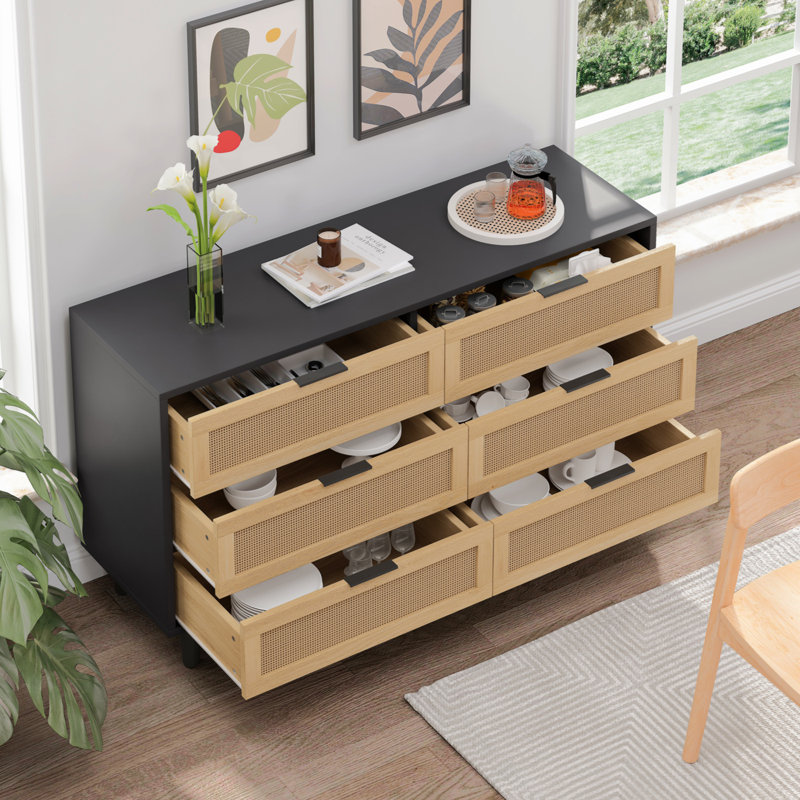 Ayanna 6 Drawer Rattan Storage Dresser, Black, Black 1, 29.53" H x 51.18" W x 15.75" D