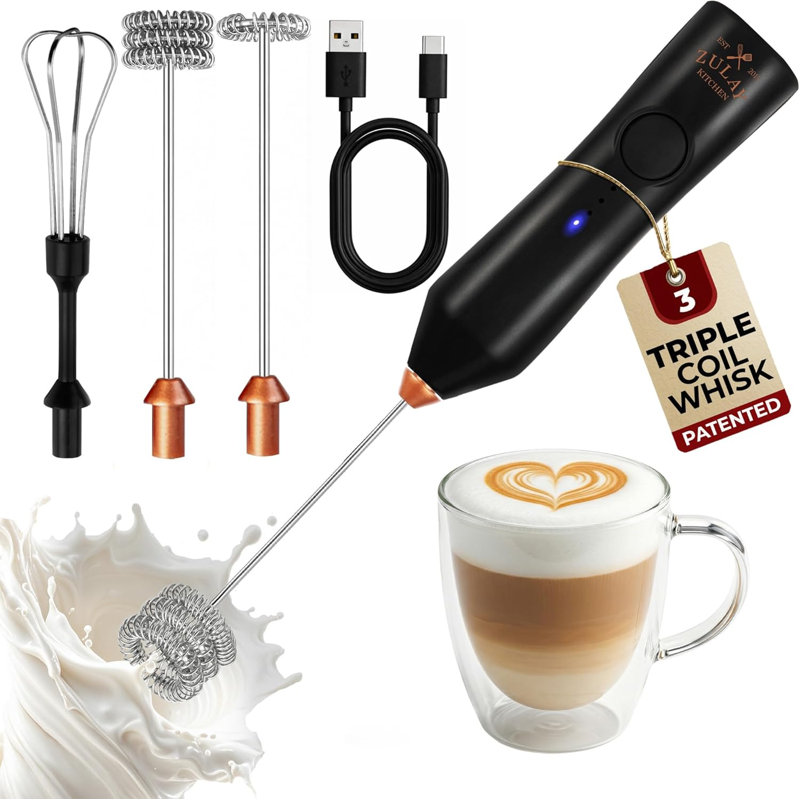 Mousseur à lait rechargeable Zulay Kitchen - dynamique - 3 vitesses, 3 accessoires pour fouet, charge 500 ma USB, mélangeur de boissons pour café au lait, cappuccino, matcha, poudre de protéine, mousse de café
