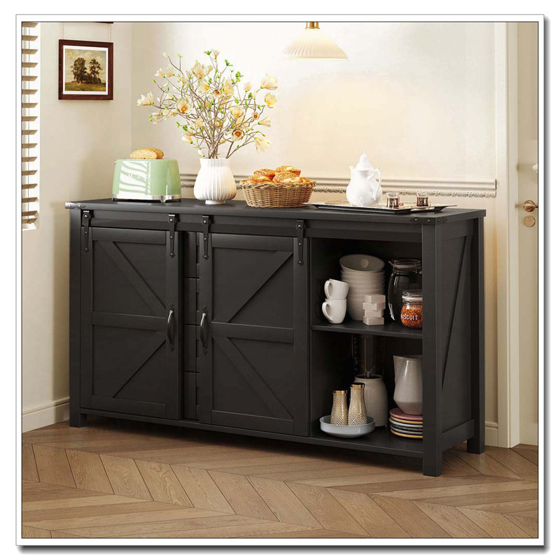 Buffet en bois 55,1 po avec portes de grange coulissantes et 4 tiroirs, table en bois avec prise de courant, Noir