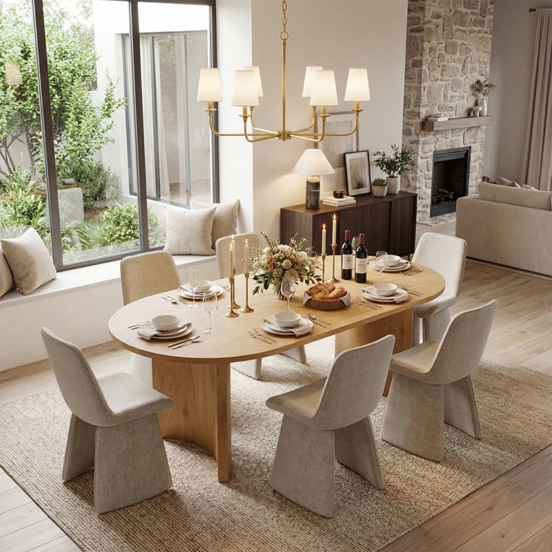 79" Oval Dining Room Set For 6, Modern Wood Grain Dining Room Set With Upholstered Dining Chairs, Khaki