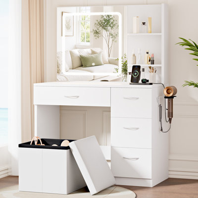 Coiffeuse de 87 cm de large avec station de recharge et 5 tiroirs, table de maquillage blanche avec rangement pour chambre à coucher