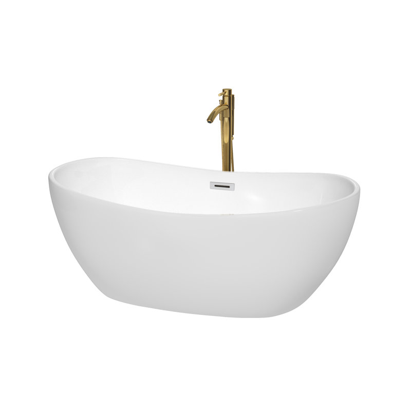 Rebecca 60'' x 32'' Soaking Acrylic Bathtub with Faucet, White/Polished Chrome/Brushed Gold