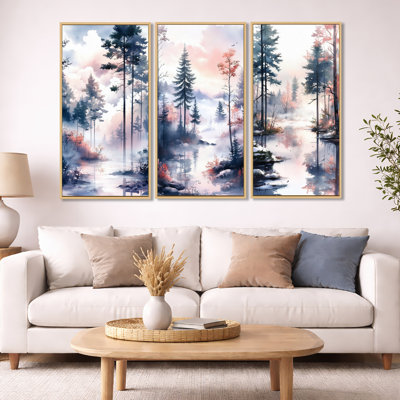Summer Twilight Mist Woodland - Landscape, ensemble de 3 reproductions sur toile encadrées