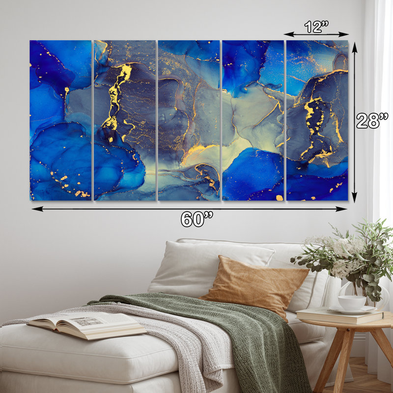 «Blue Luxury Abstract Fluid Art», reproduction d'art sur toile moderne - 60 x 28 - 5 panneaux