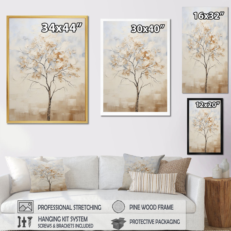 " Minimalism Beige Maple Tree Melody ", 20" H x 12" W x 1" D, Wrapped Canvas