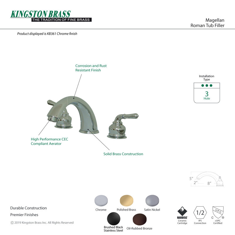 Kingston Brass Magellan Two-Handle 3-Hole Deck Mount Roman Tub Faucet, Polished Brass