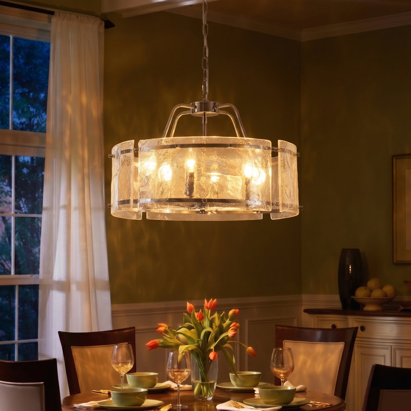 6 - Light 19.7" Modern Nickel Candle Drum Chandelier with Ripple Glass for Living Room Bedroom Entryway, Nickel