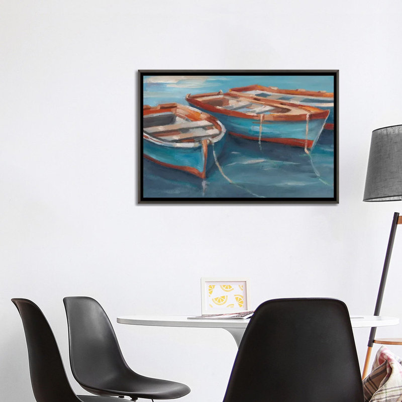 "Tefus Row boats II" par Ethan Harper, reproduction d’art, H 26 po x l 40 po x 1,5 po, Toile encadrée de bois rustique foncé