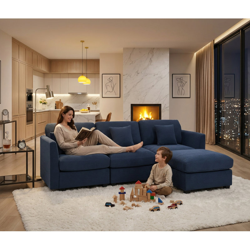 Virgus Corduroy Sectional, Blue Corduroy