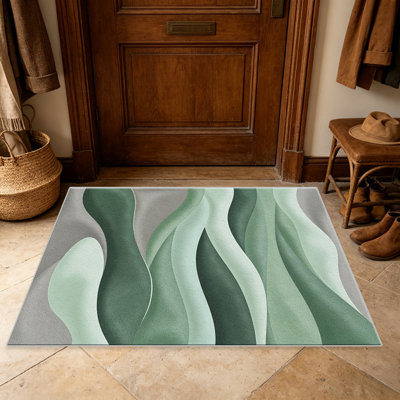 Tapis gris moelleux Sage Abstract Wave - facile à nettoyer, lavable à la machine, doux et confortable; convient aux tapis de porte, aux cuisines, aux salons, aux chambres à coucher, aux couloirs et aux buanderies. Tapis facile à nettoyer et durable pour la décoration intérieure.