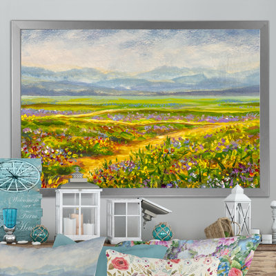 «Country Road In Yellow and Red Flowers», reproduction sur toile flottante