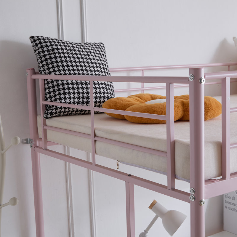 Pink Full Loft Bed With Stairs Metal Single Loft Bunk Bed With Safety Guard Rails And 2 Side Ladder, Pink