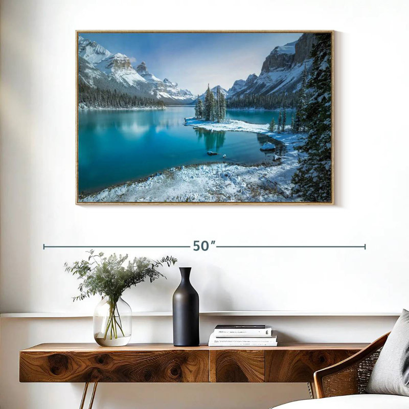 Spirit Island en hiver, Cadre flottant en bois naturel, 40 po x 27 po
