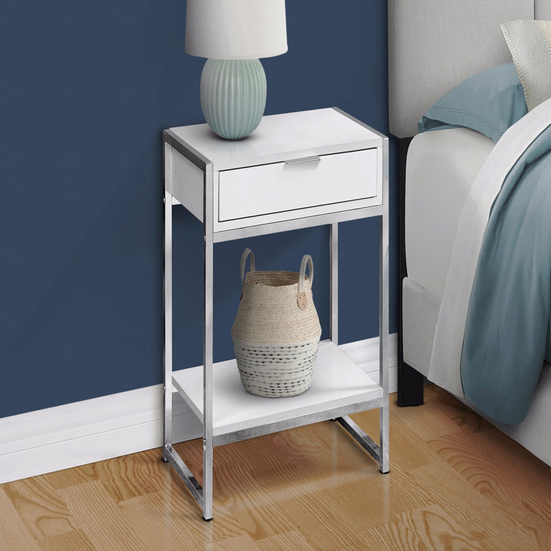 Table d'appoint, table d'appoint, table de bout, table de chevet, lampe, tiroir de rangement, stratifié, métal chromé, contemporain, moderne