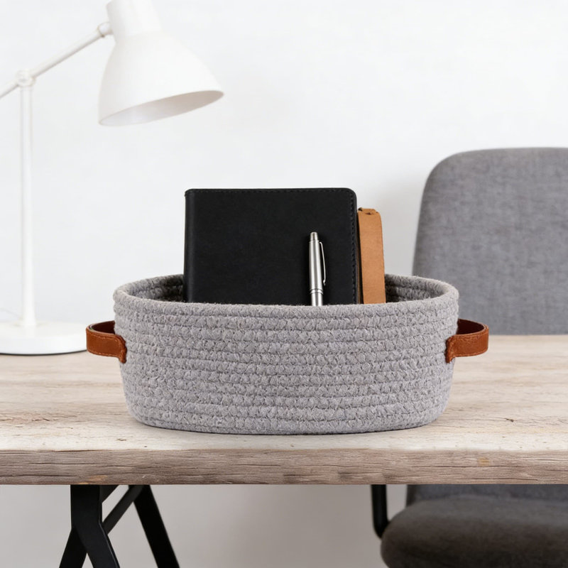 Cotton Rope Woven Storage Basket With Handles, 2-Pack Foldable Decorative Basket For Bathroom, Living Room, And Bedroom Organization