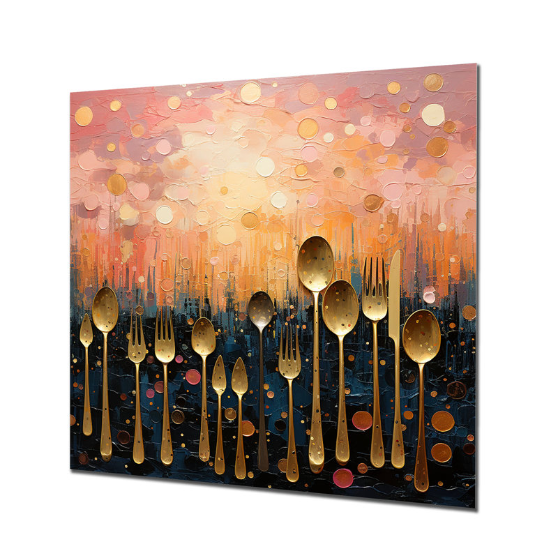 Couvert de cuisine doré sur un lever de soleil rose - Art mural en métal pour la cuisine, H 16 po x l 16 po