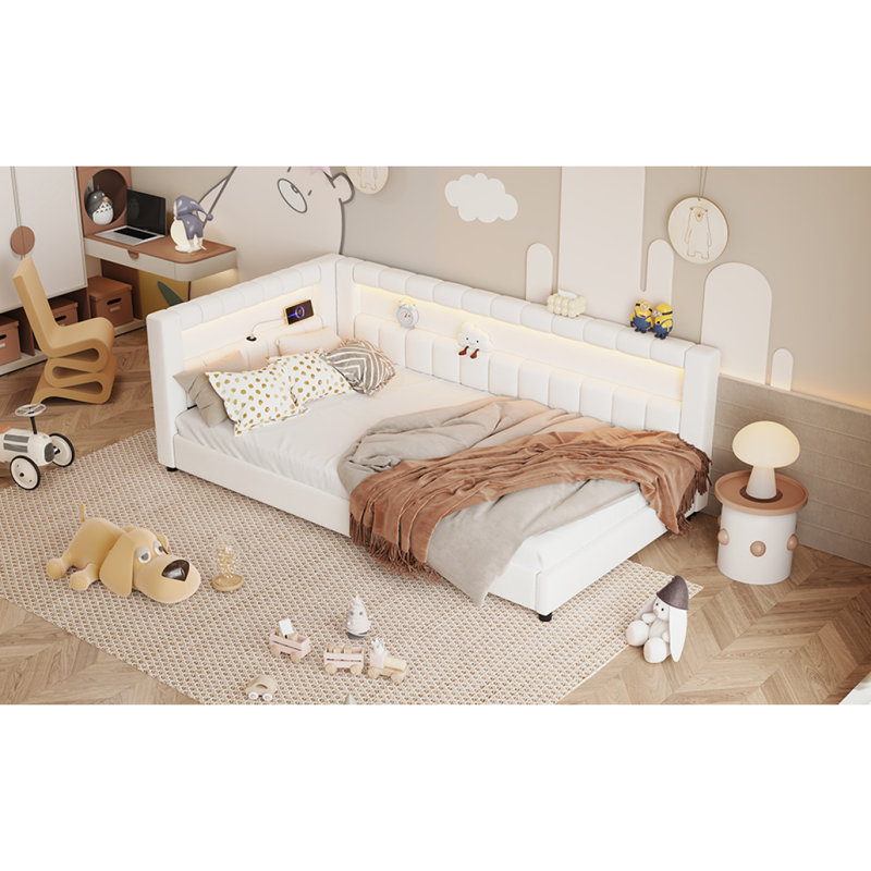 Lit plateforme tapissier simple avec ports USB et ceinture à DEL, blanc crème, Lit simple