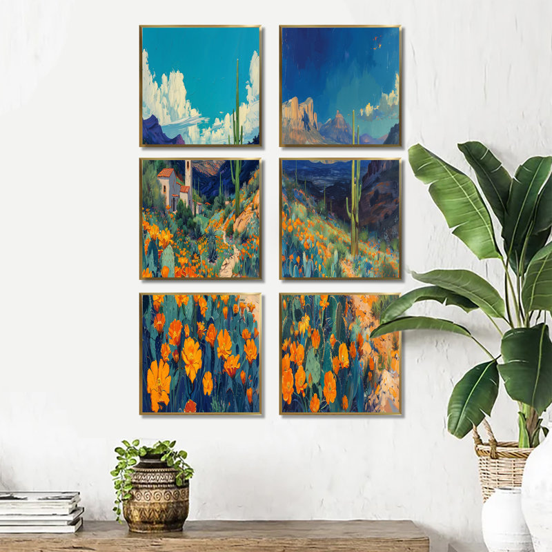 Orange, bleu, désert, cactus, paysage, Mexique, ensemble de 6 plantes murales, art mural, Doré