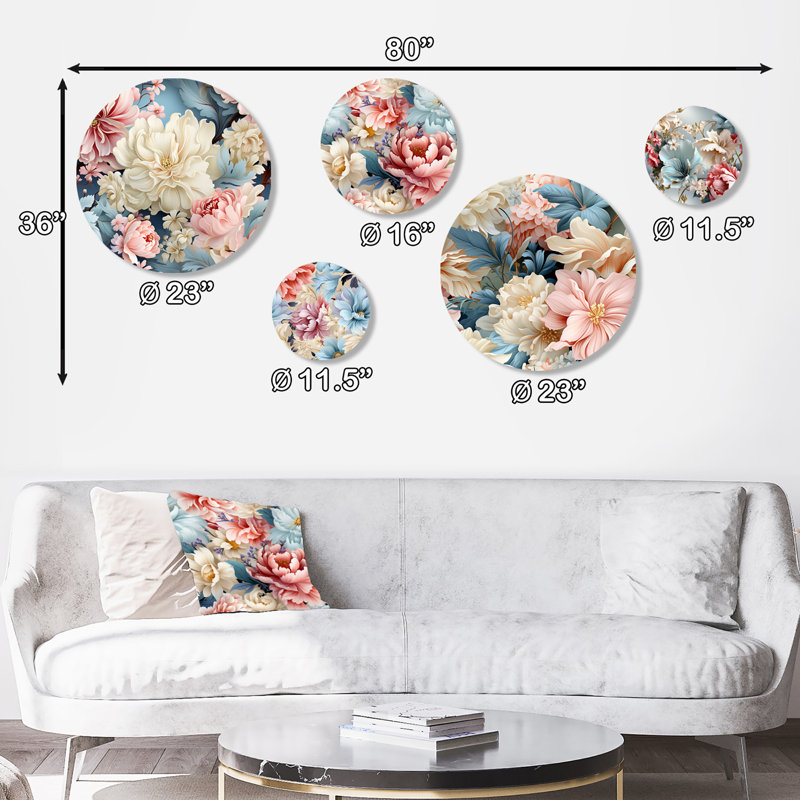 Motif de charme victorien bleu et beige - ensemble floral mural floral rond de 5