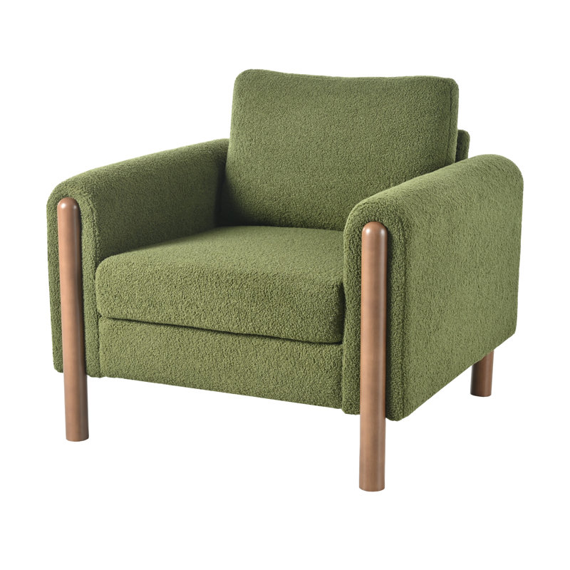 Elara Modern Oversized Upholstered Accent Chair with Curved Handrail and Wooden Legs, Green Teddy, 2
