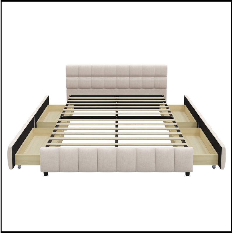 Cadre de grand lit en tissu d'ameublement avec 4 tiroirs de rangement, Beige