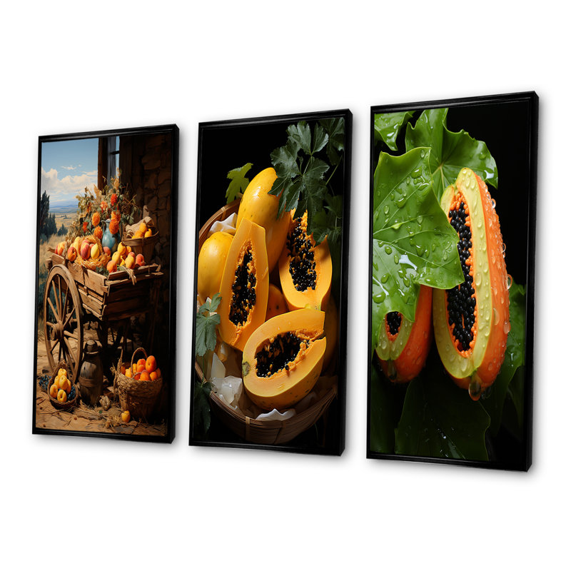 «Harvest Hues Papaya Fruit Perfection I», ensemble de 3 impressions sur toile de fruits, Cadre flottant noir