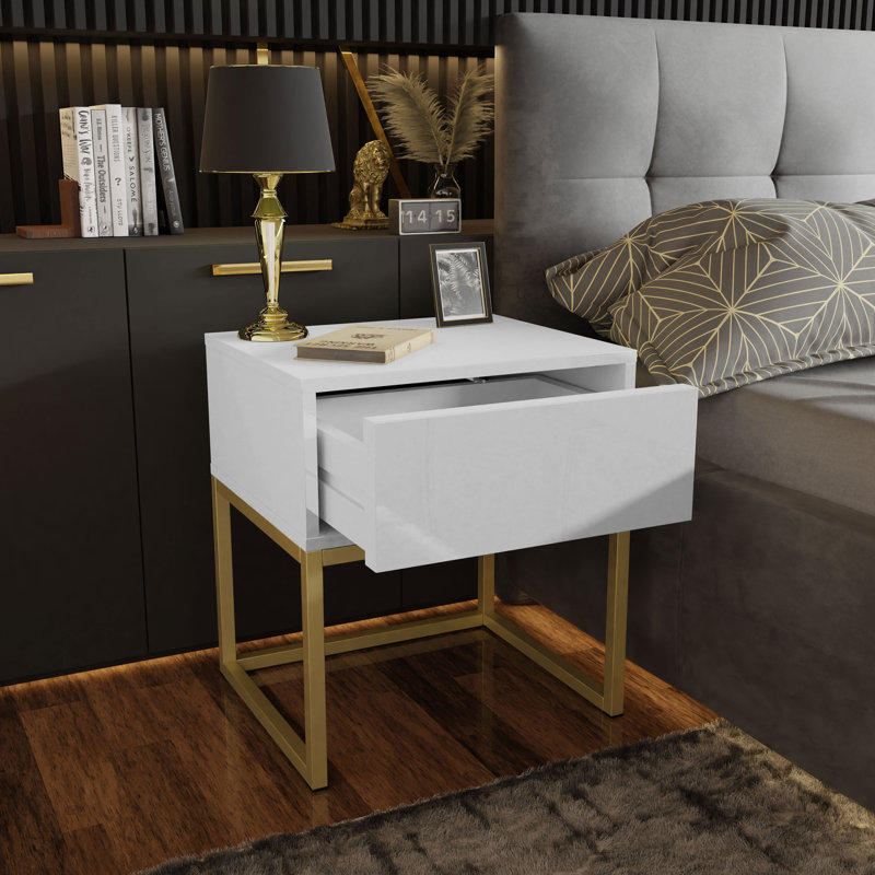 Varonique 1 Drawer Bedside Table, Gold Matt, White