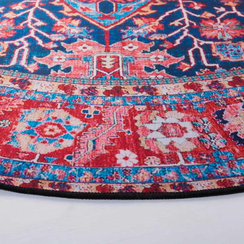 Tucson Vintage Look Machine Washable Non-Slip Area Rug in Red, Pink & Blue, Round 183 cm