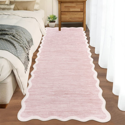 Tapis lavable 2 x 6 pi, tapis moderne antidérapant à bord festonné, rose