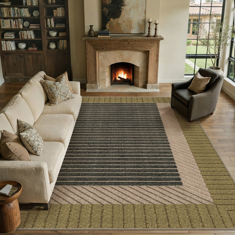 Modern Geometric Striped Washable Area Rug With Non-Slip Backing, Rectangle 9' x 12'