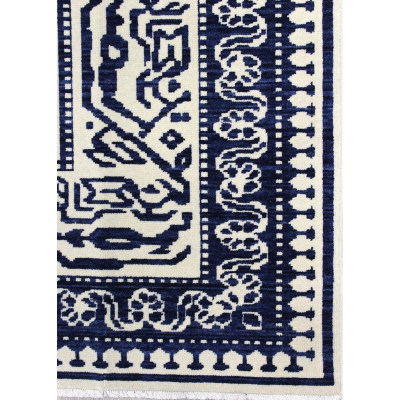 Tapis bleu / crème / bleu marine en laine tissé à la machine 9 pi x 11 pi 10 po Boteh