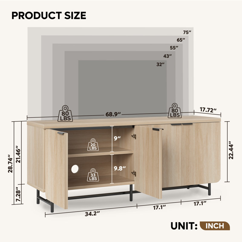  68"W 4 Door TV Stand for TVs up to 75", Modern TV Console Table, Oak Wood