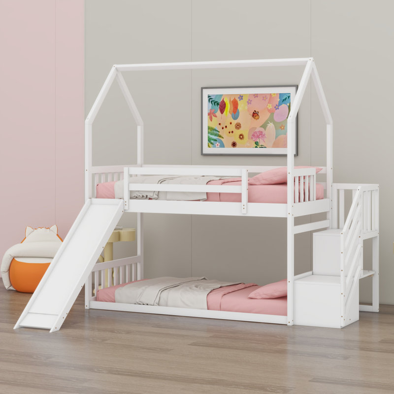 Lit superposé avec glissière convertible House, escalier de rangement pouvant être placé à gauche ou à droite, Blanc