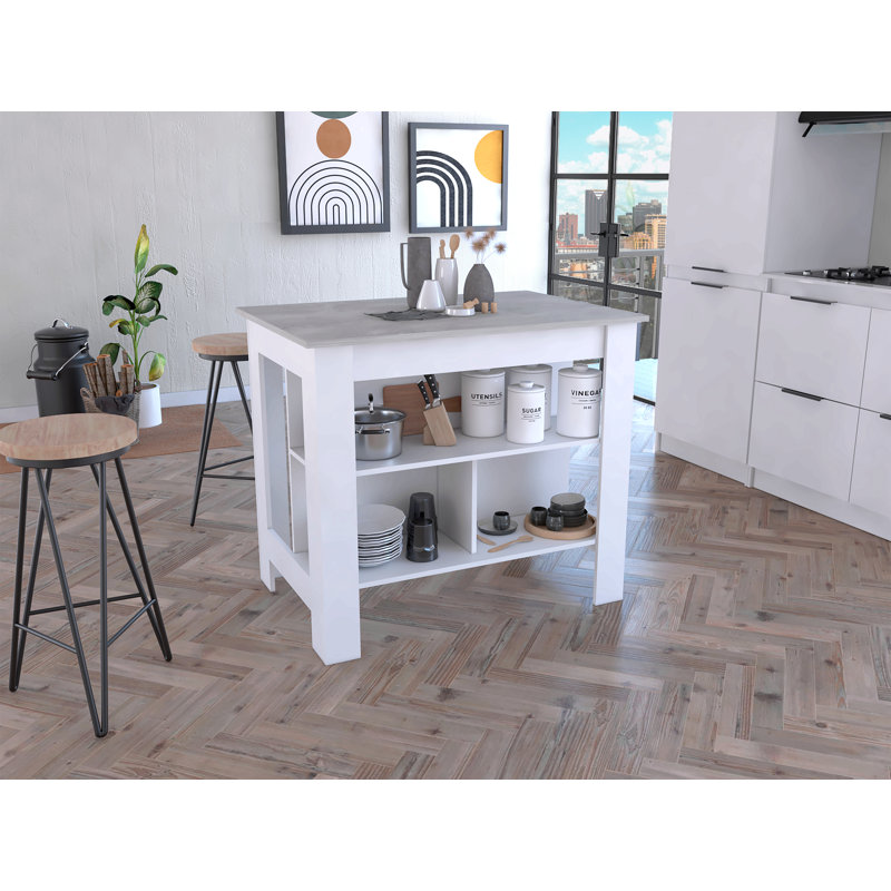 Îlot de cuisine, quatre pieds, trois tablettes, Blanc / Gris