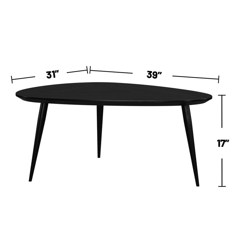 Table basse triangulaire noire en bois massif, fabriquée à la main avec des coins arrondis et des lignes épurées à surface lisse - Style artisanal pour la décoration intérieure