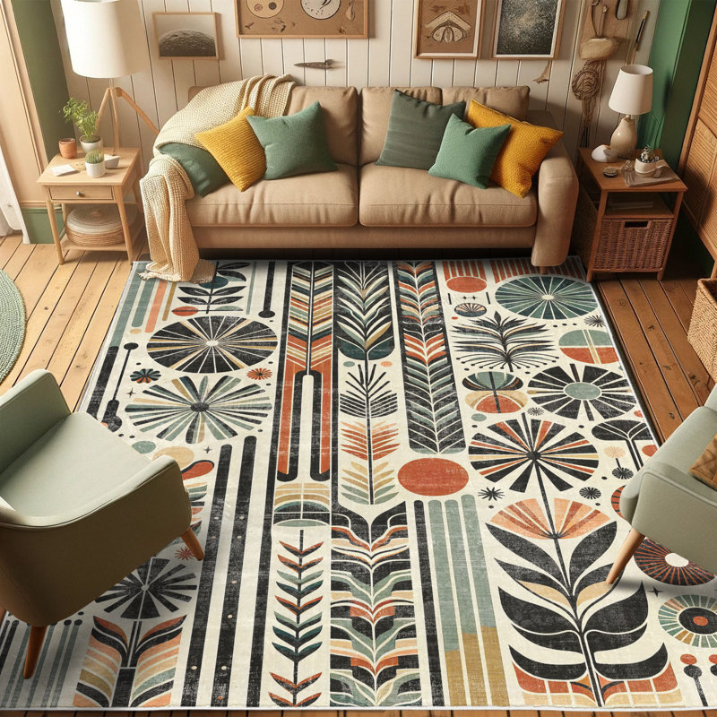 Retro Mid Century Abstract Pattern Blue and Orange Rug, 2' 5" x 5'