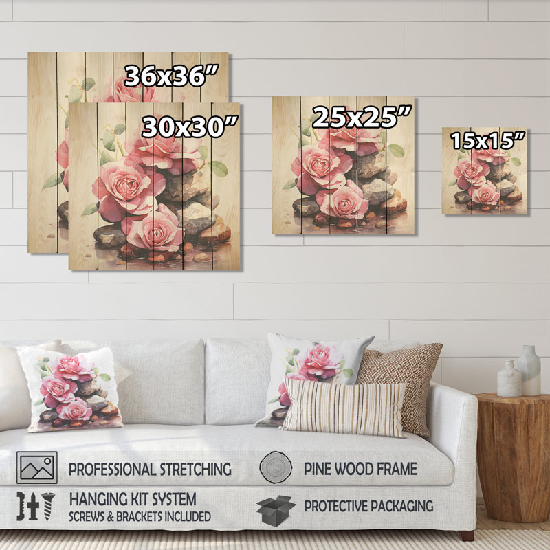 Pink Stacked Rose On Spiritual Stones I - Rose On Wood Print, 36" H x 36" W
