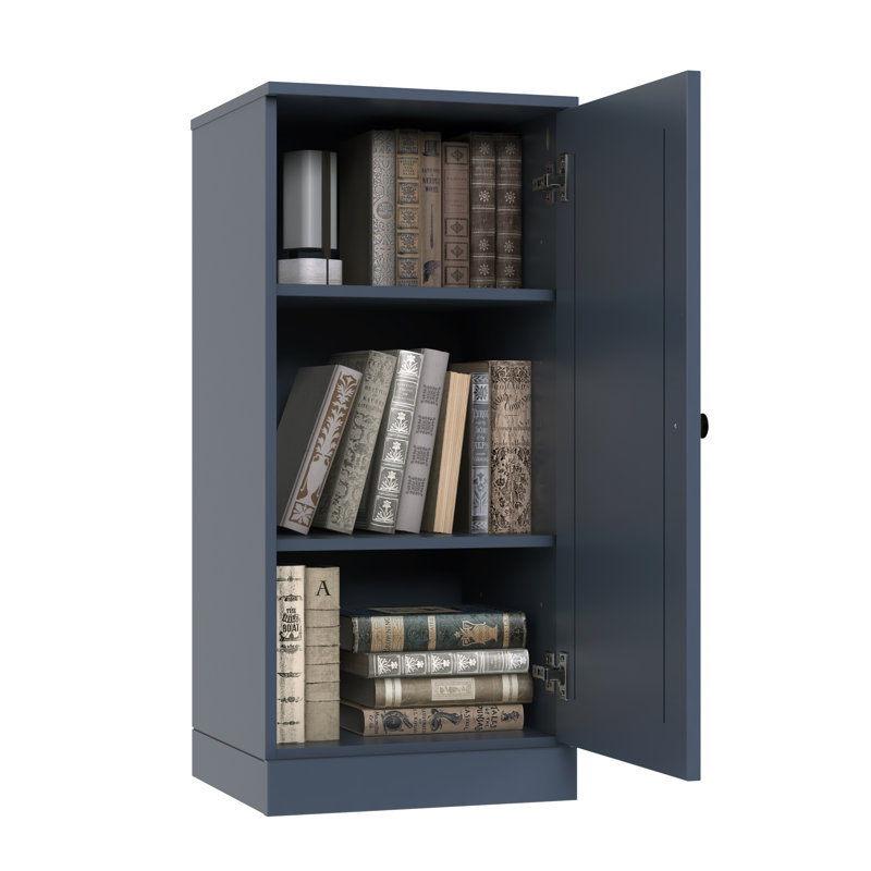 Bibliothèque 100% bois massif à 3 tablettes avec porte pleine et tablettes réglables, Bleu antique