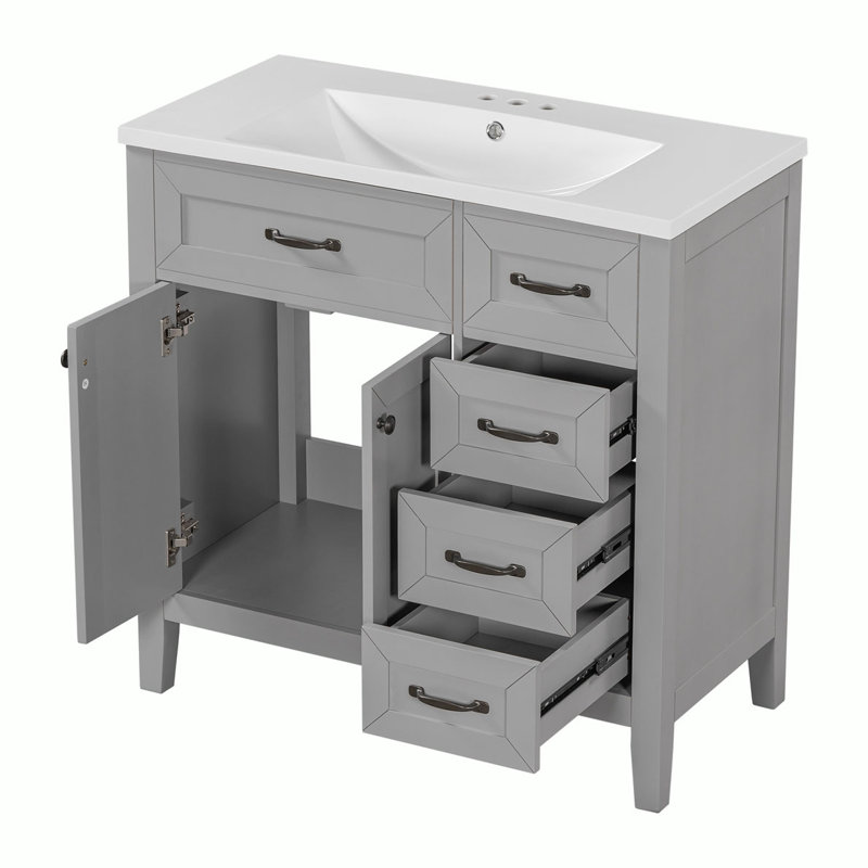 Moshka 35.9 " W Free Standing Wall Mounted Single Double Single Vanity Bathroom Vanity With Ceramic Top, Gray